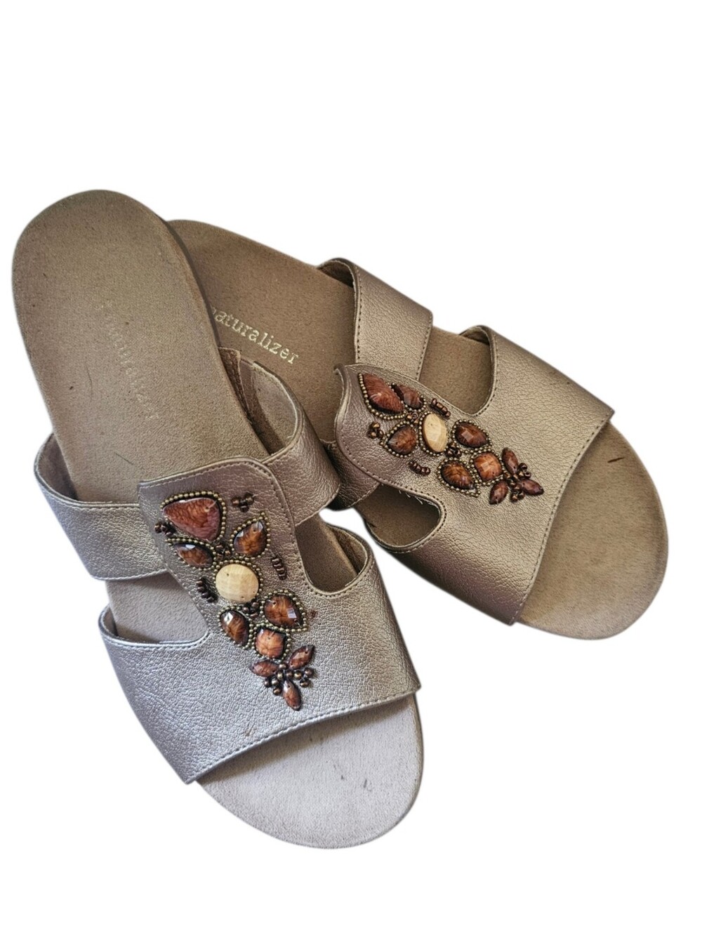 Naturalizer Gold-Tone Slide Sandals with Jewel Embellishments Size 7.5